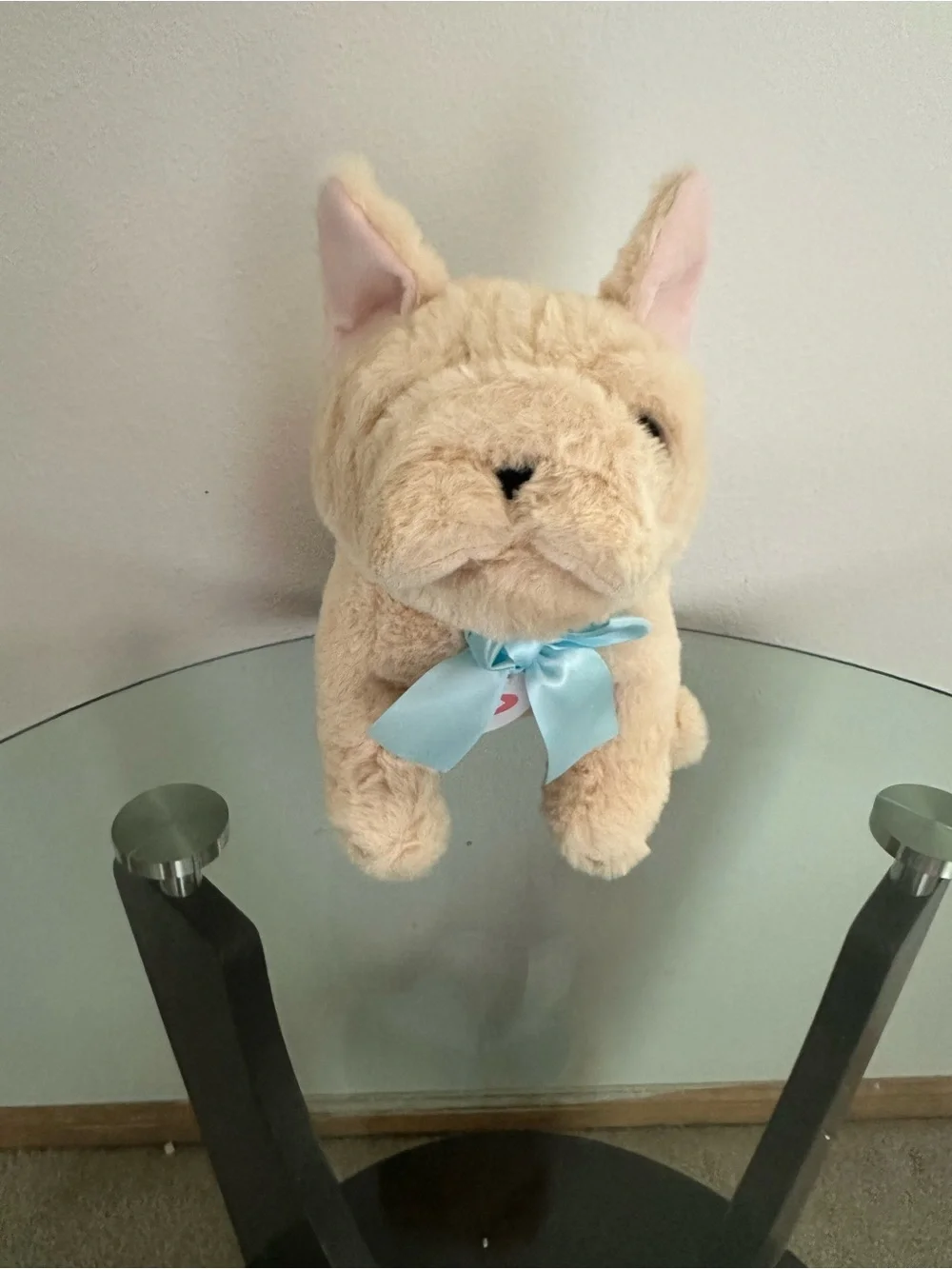 Plush Cream Dog Toy with Blue Ribbon